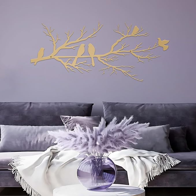 ESTART Metal Birds Wall Art, Metal Vivid Birds on Branch Silhouette Wall Decor Gold Leaves with Bird Outdoor Hanging Wall Sculpture for Home Living room Bedroom Balcony Garden (Gold, Large)