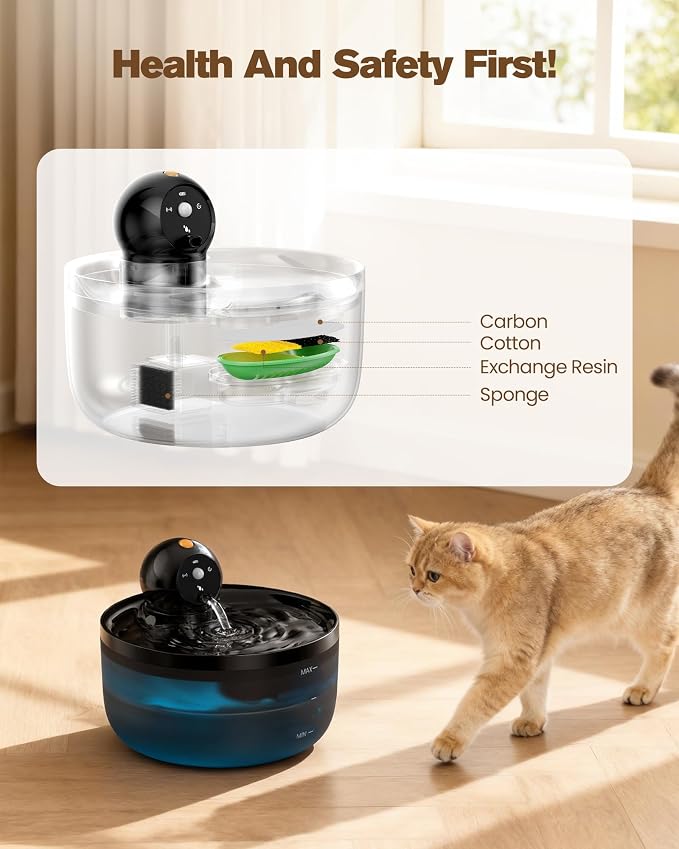 Cat Water Fountain Wireless Cordless: Cat Fountain for Drinking Battery Operated - 88oz/2.6L Black Pet Water Fountain Rechargeable - Quiet Cats Water Bowl Dispenser with Motion Sensor - Small Animals