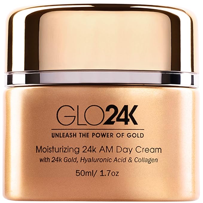 GLO24K Moisturizing Day Cream with 24k Gold, Hyaluronic Acid, Collagen, and Vitamins. For Optimal Hydration.