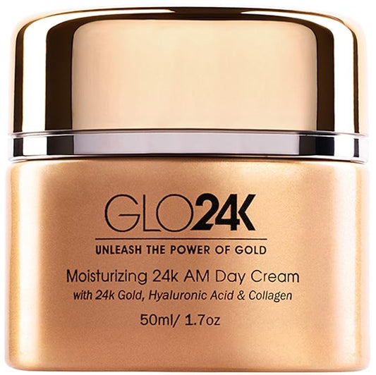 GLO24K Moisturizing Day Cream with 24k Gold, Hyaluronic Acid, Collagen, and Vitamins. For Optimal Hydration.