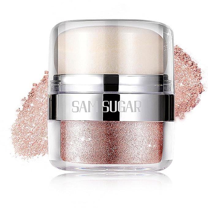 Body Shimmer Powder, Body Glitter Powder with Sponge Head, 3D Contour & Long Lasting Luminous, Glow Highlighter Makeup for Face, Eyes, Hair, Perfect for Daily, Party (Rose Gold, 1.13 Oz)