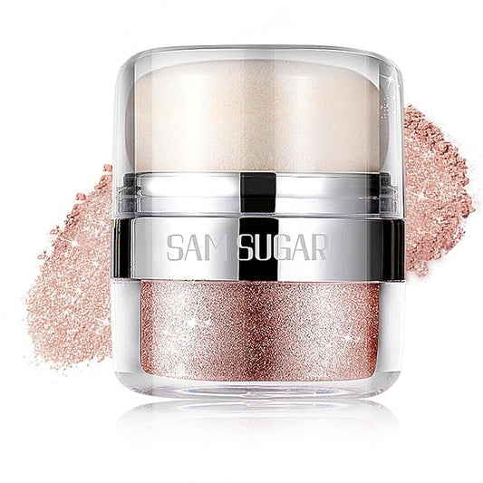 Body Shimmer Powder, Body Glitter Powder with Sponge Head, 3D Contour & Long Lasting Luminous, Glow Highlighter Makeup for Face, Eyes, Hair, Perfect for Daily, Party (Rose Gold, 1.13 Oz)