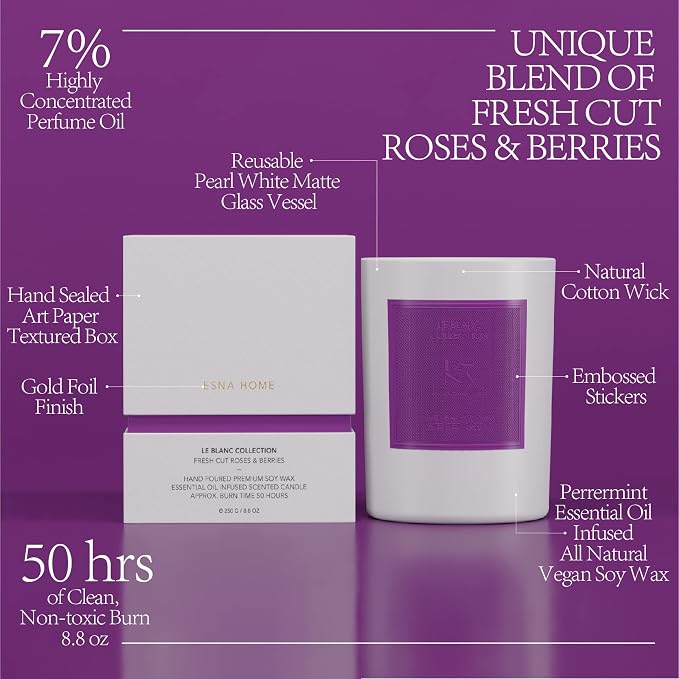 Aromatherapy Scented Candle Natural Soy Wax Roses and Berries Scented Essential Oil Lavender Candle 50 hr Long Burning for Relaxation Holiday Candle Gift for Christmas Anniversary for Her