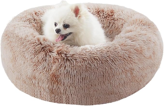 23 inches Faux Fur Fluffy Donut Dog Bed for Small Dogs,Brown | Calming Plush Round Puppy Pet Bed with Removable & Washable Cover,Fits up to 25 lbs Pets