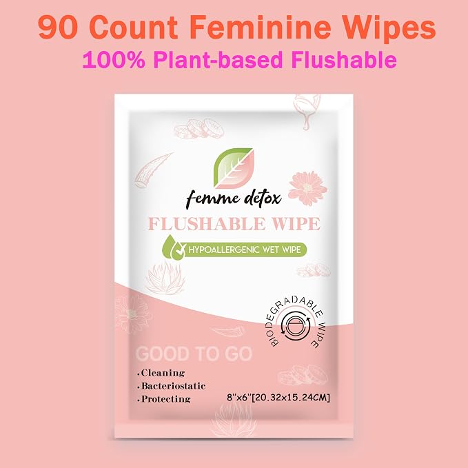 Flushable Feminine Wipes pH-Balanced & Unscented for Sensitive Skin | Individually Wrapped, Septic-Safe, Aloe-Infused | Travel & Home Use (90 Count)