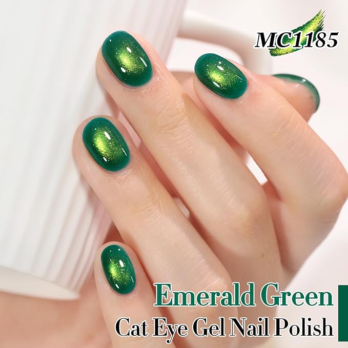 Double Rhythm 15ML Jelly Glass Cat Eye Gel Polish with Magnet Holographic Glitter Shimmer Translucent Sheer Color Salon Soak Off Magnetic Nail at Home (Dark Green-MC1185)