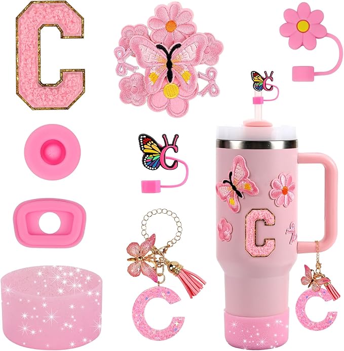 15PCS Cup Accessories Set for Stanley Cup 30oz 40oz Tumbler with Handle, Including Silicone Straw Cover and Boot, Spill Proof Stopper, Stanley Charms, Handle Charm, Initials Sticker