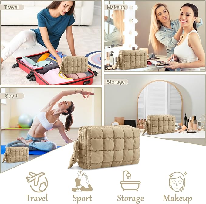 Puffer Quilted Makeup Bag Cosmetic Bags,Puffy Travel Toiletry Pouch for Women,Cute Checkered Zipper Bag Travel Essential,Portable Aesthetic Make up Organizer Bag for Gifts Work Daily(Khaki,M)