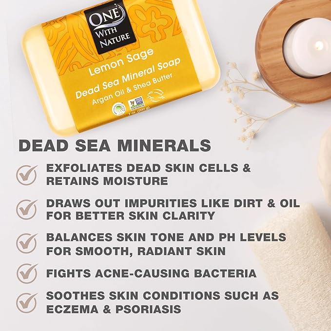 One With Nature Dead Sea Salt Lemon Sage Soap 4oz 3-Pack – Purifying and Exfoliating Soap Bar with Dead Sea Minerals for Face & Body, for Men & Women