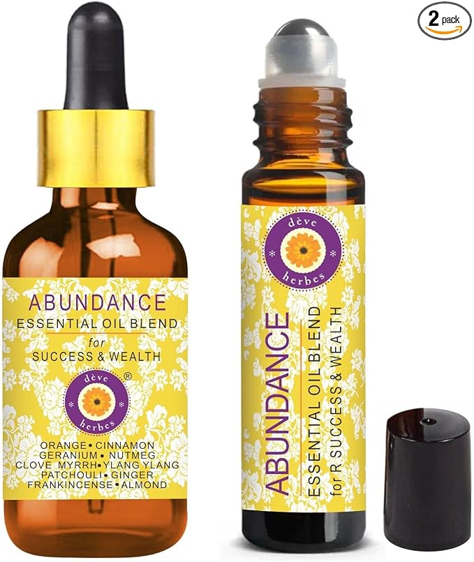 déve herbes Abundance - Essential Oil Blend for Success & Wealth with Orange, Cinnamon, Geranium, Nutmeg, Clove, Myrrh, Ylang Ylang, Patchouli, Ginger, Frankincense Essential Oils 10ml & 5ml