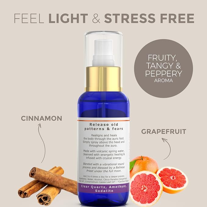 Let Go Aura Crystal Spray with Amethyst Sodalite Clear Quartz Palo Santo Crystals Pure Organic Cinnamon Grapefruit Handmade in Bali - 3.4 fl.oz