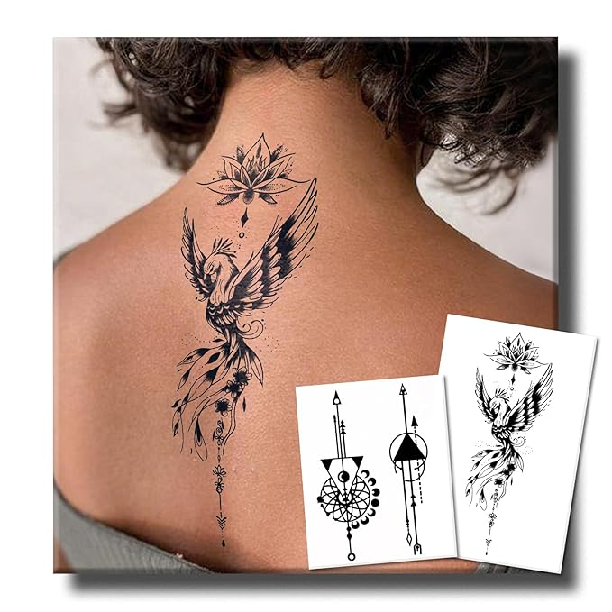 Semi Permanent Tattoos, 2 Sheets Realistic Large Bohemian Phoenix Lotus & Geometric Arrow Temporary Tattoos for Women Men Back Chest Arms Calf, 2 Weeks Fake Tattoos, Waterproof & Non-Reflective