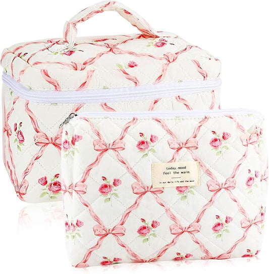 URSKYTOUS 2Pcs Cotton Quilted Makeup Bag for Women Girls Large Small Travel Floral Cosmetic Bags Set Cute Coquette Pink Makeup Pouch for Purse Aesthetic Cloth Flower Storage Toiletry Bag Organizer