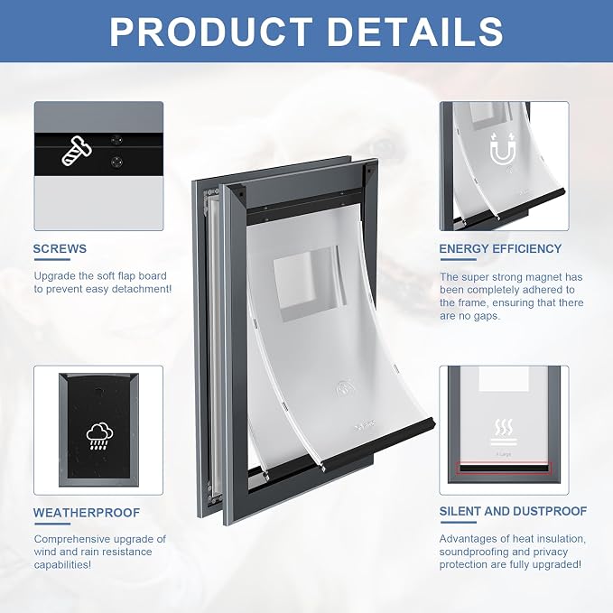 MAVRICFLEX Heavy Duty Aluminum Extra-Large Dog Door, X-Large, Dark Gray | XL Dog Door with 2 Sliding Lock Panels & Magnetic Soft Flaps, Energy Efficient Design for Giant Dogs Up to 200 LBS