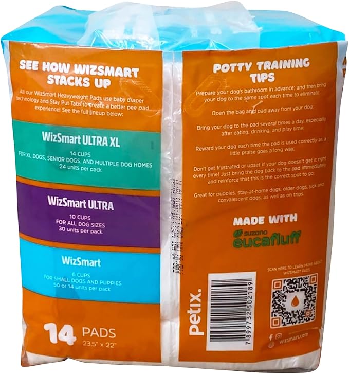 Wizsmart Heavyweight Dog Pads – Absorbent, Leak-Proof Pet Training Pads with Stay Put Tabs – Indoor & Outdoor Use for Small Dogs, Crates, Travel – Eco Friendly Upcycled Materials, 14 Count