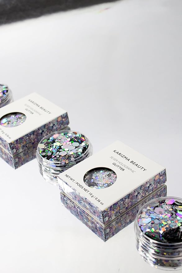 KARIZMA Holographic Silver Body Glitter. 10g Chunky Face, Hair, Eye and Body for Women. Rave, Festival Accessories, Cosmetic Makeup. Loose Set