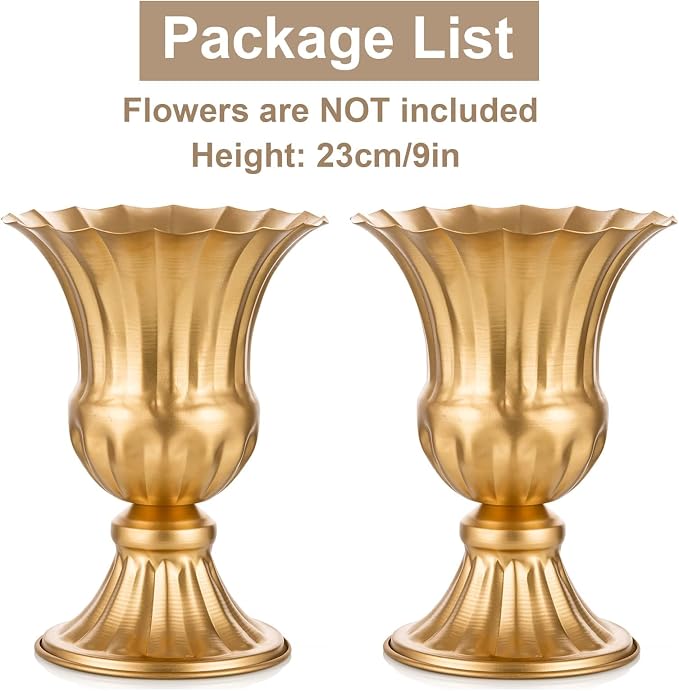 Sziqiqi Gold Metal Vase for Centerpiece, Table Flower Arrangements, 2Pcs | 9in Tall Compote Vase, Trumpet Urn Vase for Decoration, Planter Pot for Artificial Flower, For Reception, Home, Party Decor