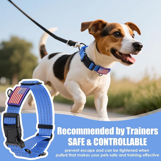 Martingale Dog Collar Reflective NO Pull with USA Flag, M,Blue