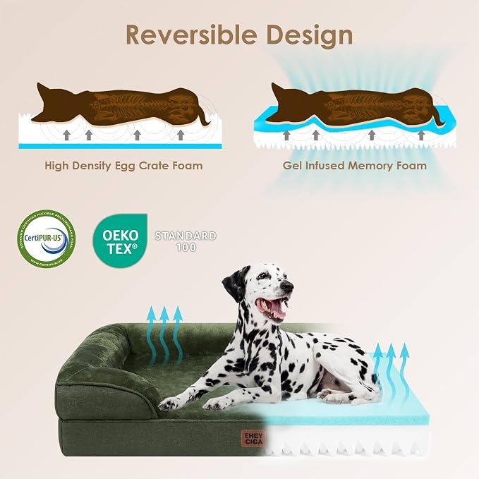 EHEYCIGA Orthopedic Extra Large Dog Bed, Waterproof Washable XL Pet Bed 44" | Non-Slip Bottom and Egg-Crate Memory Foam Big Dog Couch Bed with Washable Removable Cover, Dark Green, 44Inch