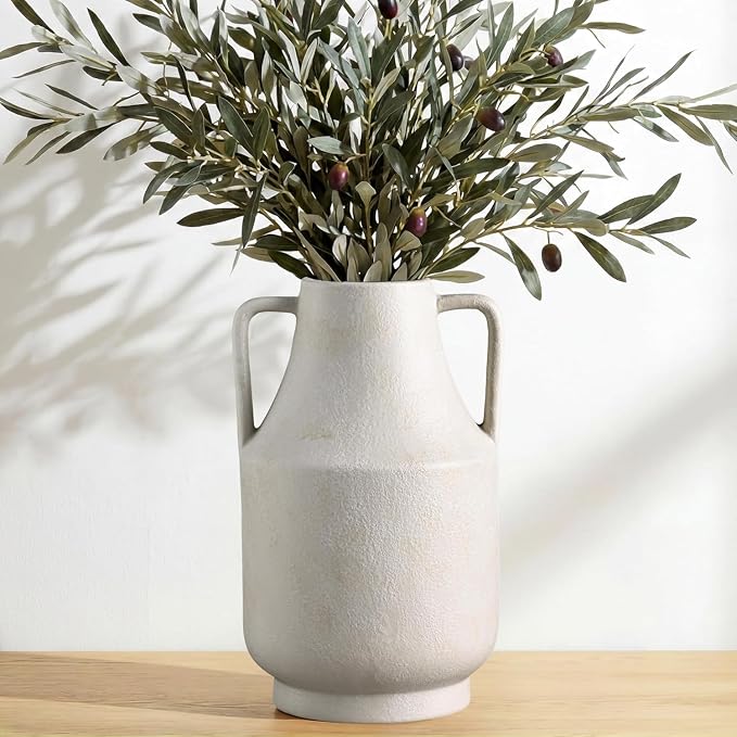 Ceramic Flower Vase with Handles, 11in Tall White Vases for Centerpieces | Waterproof Large Decorative Terracotta Vases for Home Decor, Living Room,Table, Handcrafted (White)
