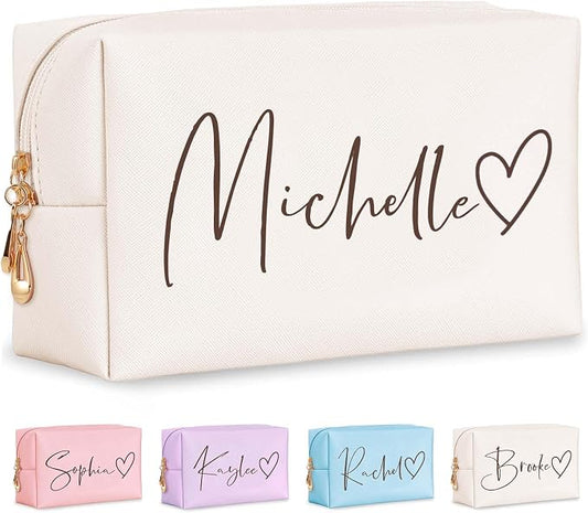 Personalized Makeup Bag with Name & Birth Flower, Custom Leather Cosmetic Bags for Women, Customized Travel Toiletry Bag Gifts for Bridesmaid Wedding