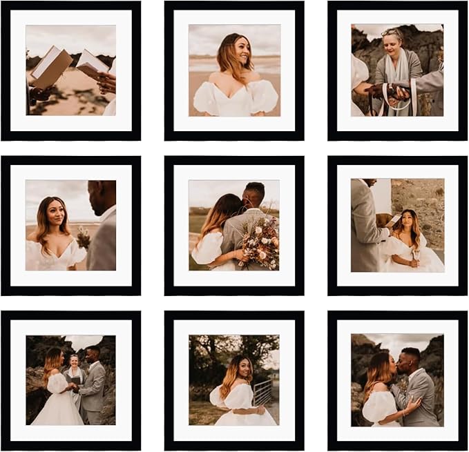 10x10 Picture Frame Set of 9, Display Pictures 8x8 with Mat or 10x10 without Mat, Multi Collage Gallery Square Photo Frames for Wall or Tabletop,Black