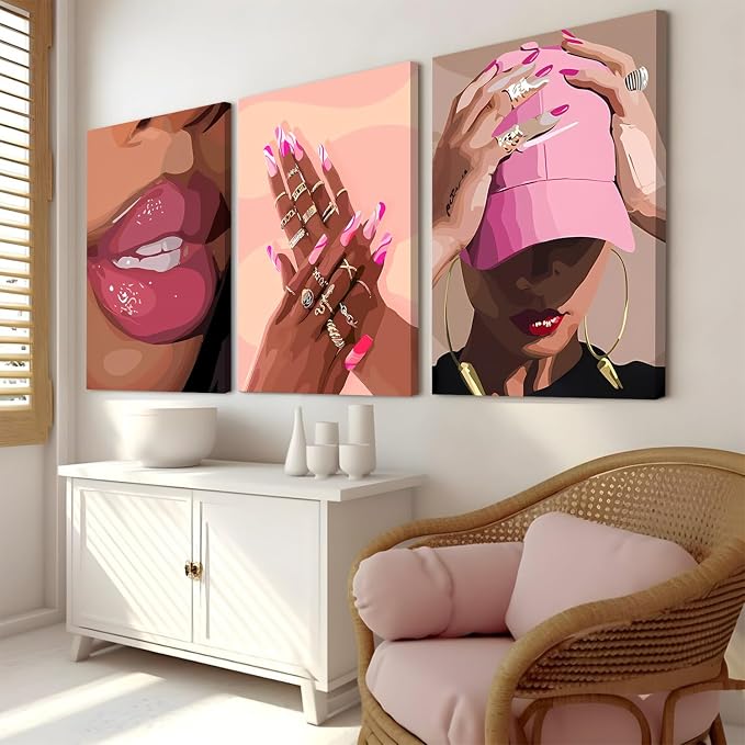 Black Girl Wall Art Set of 3 - Pink African American Woman Canvas Wall Decor Pictures, Fashion Black Woman Paintings Prints for Living Room Bedroom Bathroom Dorm 12x16 inch Framed