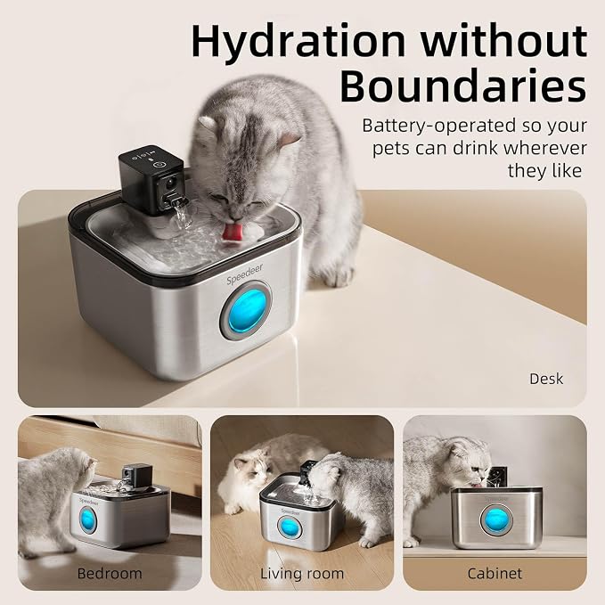 Wireless Cat Water Fountain Stainless Steel, 135oz/4L | Cordless Design, Motion Sensor, 4000mAh Battery Operated Pet Fountain, 3 Water Modes, 20dB Quiet Pump, Multi-Filtration