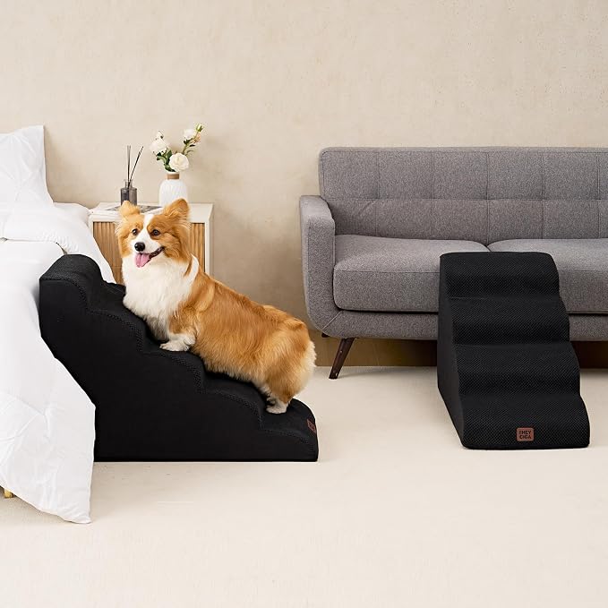 EHEYCIGA Curved Dog Stairs Ramp, 5-Step High Beds, 22.6" H Pet Step | 33D density of pure foam, for Small Dogs and Cats, Pet Stairs for High Bed Climbing, Non-Slip Balanced Indoor, Black