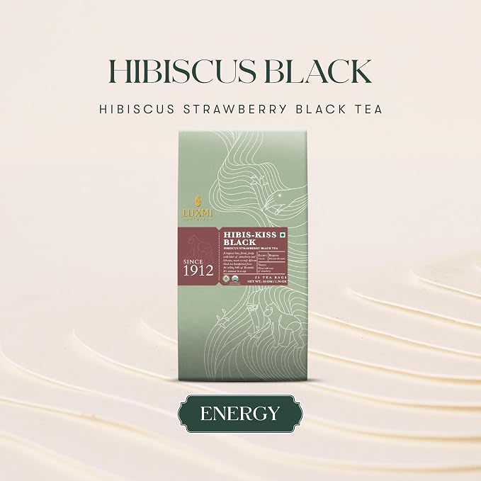 Luxmi Estates Hibis-Kiss Organic Hibiscus Tea (25 Tea Bags) Caffeinated Tea Bags For A Morning Boost and Natural Energy, With Certified Organic Black Tea