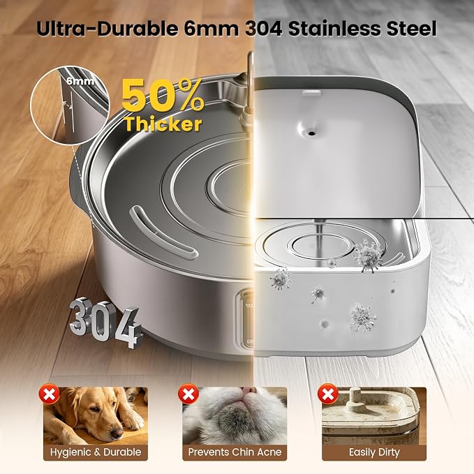 Invengo 8L/270oz Quiet Stainless Steel Dog Water Fountain, 12 Filters | 50% Thicker 6mm Steel, Dual Filters, 6-Layer Deep Purification, Under 25dB Whisper-Quiet Operation, 2 Flow Modes