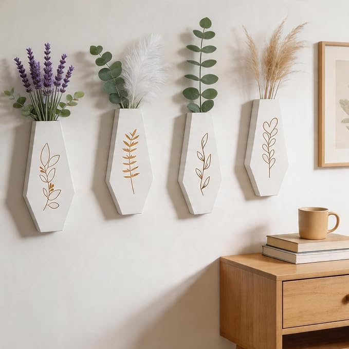 Wood Wall Vase 4 Pack, Modern Farmhouse & Boho Wall Decor Wooden Hanging Planter Set, Minimalist Wall Mounted Vase for Living Room, Entryway, Hallway, Bathroom, Dining Room(White)