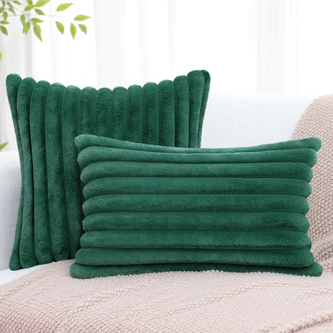 decorUhome Fall Faux Fur Throw Pillow Covers 26x26 Set of 2 Christmas Green | Decorative Soft Cozy Striped Plush Modern Farmhouse Boho Couch Pillow Cases Velvet Back for Sofa Bed Living Room Home Decor