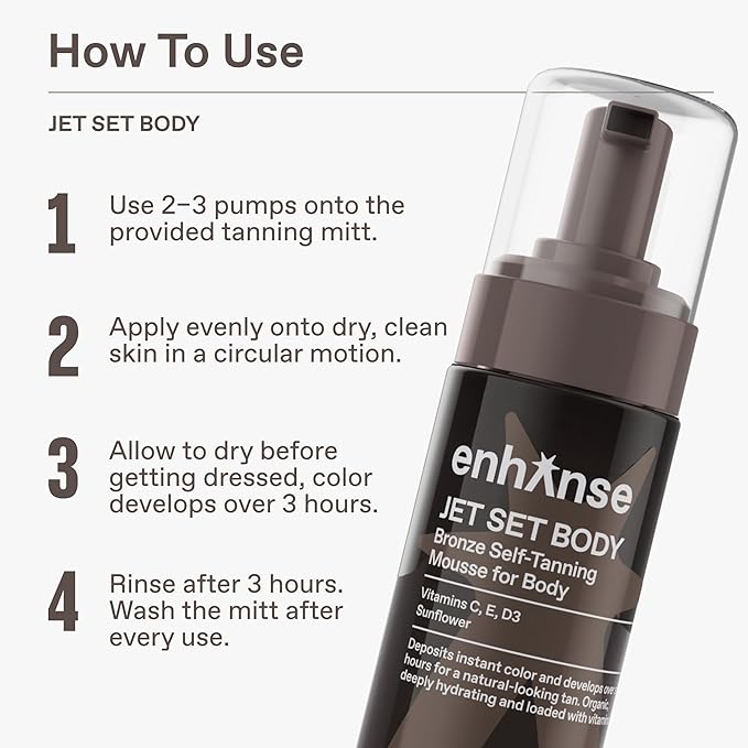 Jet Set Body Express Self Tanner Mousse & Tanning Mitt for Men, Hydrating Self Tan, Vitamin C E D3, Perfect Vacation Prep, Develops in 1-3 Hours, Anti Orange Streak Free Tanning, 5 Fl Oz