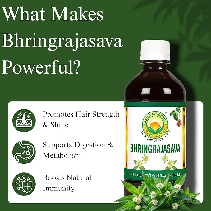BASIC AYURVEDA Bhringrajasava Drink | 16.23 Fl Oz (480ml) | Natural Bhringraj Ayurvedic Hair Tonic | Supports Hair Growth, Scalp Health & Immune System | No Added Sugar