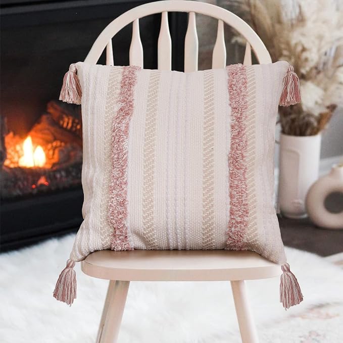 Boho Tufted Square Pillow Cover 22 × 22 in – Neutral Pink | Woven Farmhouse Accent Decorative Throw Pillow Cover with Tassels & Invisible Zipper for Couch, Bed or Living Room