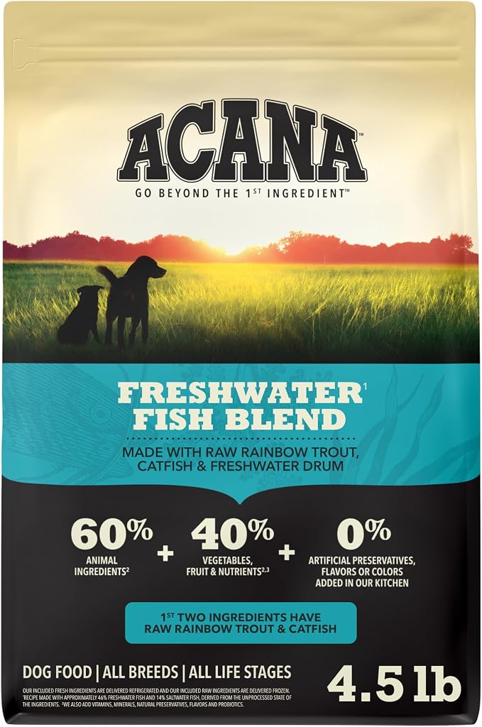 ACANA Grain Free Dry Dog Food Freshwater Fish Recipe 4.5lb Bag | Freeze Dried, Grain Free, High Protein, Made in the USA, Global Quality Ingredients, Nutrients and Flavor Preserved