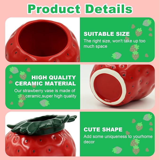 Vintage Ceramic Strawberry Vase, Red Strawberry Flower Pot Planter with Lid | Strawberry Shaped Planter Ceramic Vase for Flowers, Inspired Strawberry Decorative Vases for Home Decor