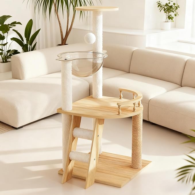 Cat Tree & Litter Box Enclosure,Modern All-in-one Indoor Cats Tower with Large Platform, Cat Condo with Wood House, Food Station, Hammocks (41.3”)