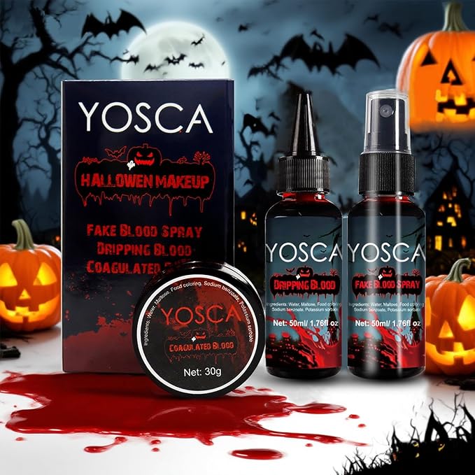 Yosca 3Pcs Halloween Fake Blood, Realistic Washable Fake Blood Spray, Dripping, Coagulated Halloween Makeup Kit, Face Body Paint Special Effects Makeup for Clown Zombie Bride Vampire Monster Cosplay