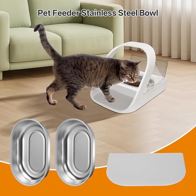 Stainless Steel Bowl for Automatic Microchip Cat Pet Feeder, Design for Keeping Food Fresh and Reducing Odor, 2 Pcs+1 Grey Mat