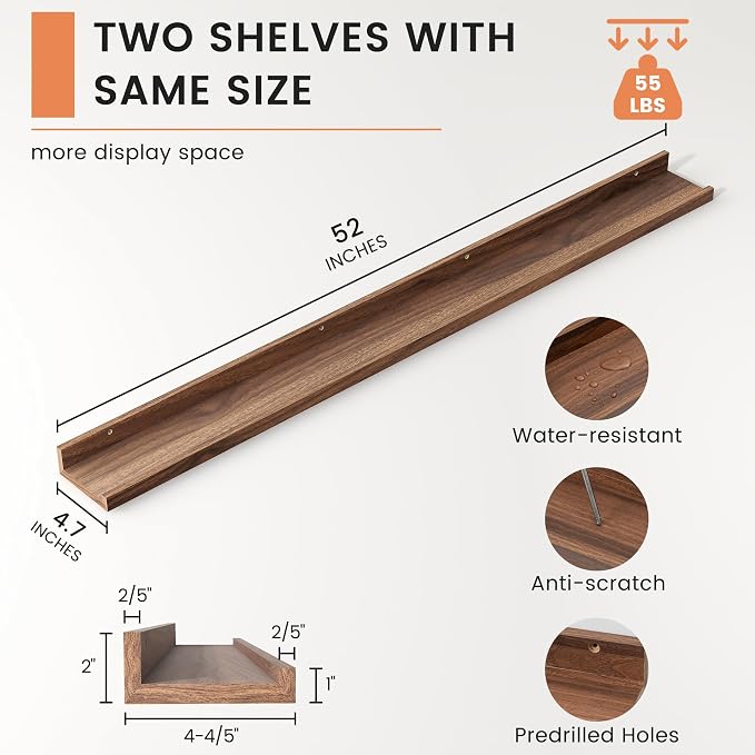 Picture Ledge Shelf, Long Floating Shelves for Wall, 52" W Set of 2, Walnut | FSC Certified Engineered Wood, Wall Mounted Bookshelf, for Nursery Living Room Bedroom, Easy Install