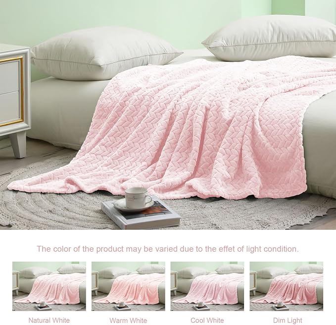 Exclusivo Mezcla Soft Fleece Bed Blanket Twin Size, 90”x66”, Light Pink | Cozy Fluffy Lightweight Blankets for Summer, Decorative Plush Flannel Throws for Living room, Bedroom with Leaves Pattern