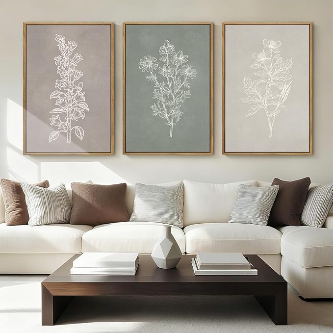 ANHUIB Neutral Botanical Wall Art, Rustic Farmhouse Floral Paintings,Vintage Minimalist Boho Flower Wall Decor 24x36 Inch Plants Set of 3 for Living Room Bedroom