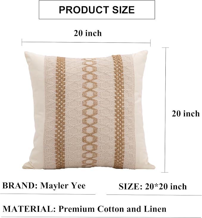 Throw Pillow Covers 20 x 20 Inch 1PC for Farmhouse Living Room, Cotton & Burlap Textured Striped Woven Boho Pillow Covers (Beige & Brown, Triple Striped)