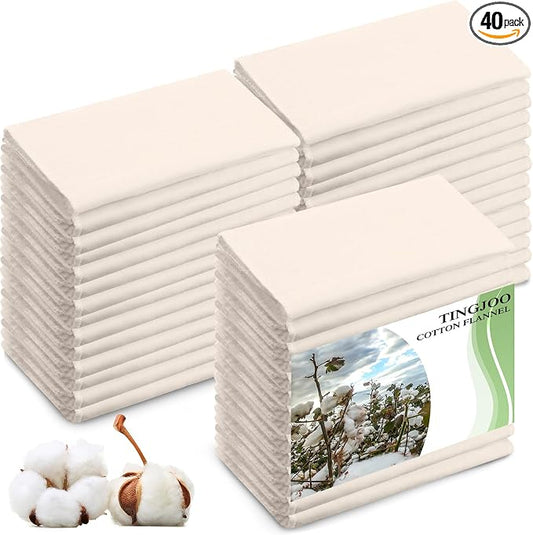 Tingjoo 40 Pcs Organic Cotton Flannel for Castor Oil Pack Wrap Unbleached Reusable Castor Oil Wrap Soothing Heat Compress Soft and Highly Absorbent for Abdomen Liver Joints and Other Areas (White)