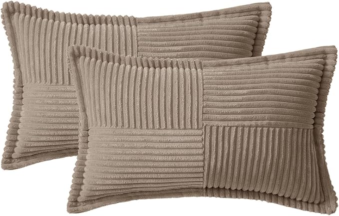 MIULEE Decorative Lumbar Throw Pillow Covers 12x20 Inch Light Brown 2 Pack | Boho Broadside Striped Patchwork Pillow Covers, Soft Corduroy Cushion Cases, For Couch Sofa Bed Livingroom Home Decor