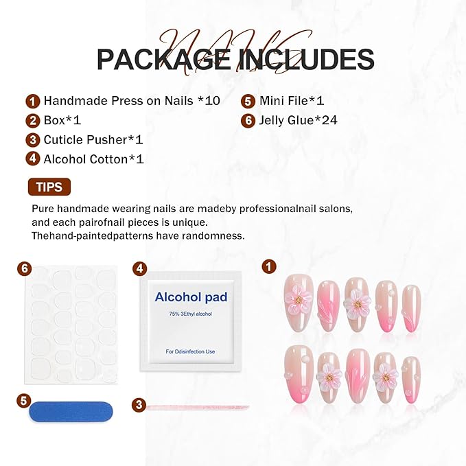 Handmade Press On Nails Almond, French Tips 3D Flowers Rhinestone Water Ripple Design Short Fake Nails, Salon-Quality Reusable, Fall/Winter Gift for Women 10Pcs Pink
