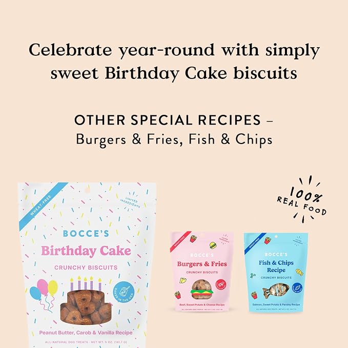 Bocce's Bakery Birthday Cake Flavor Crunchy Biscuits Dog Treats, 5 oz | Oven Baked, Wheat-Free Everyday Dog Treat Biscuits - Made with Real, Limited Ingredients and Baked in The USA