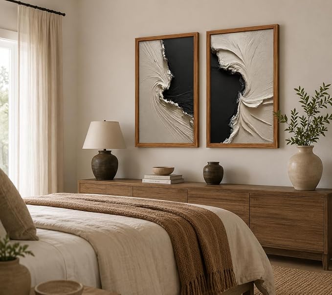 3Pcs Wood Framed Luxury Abstract Canvas Wall Art Textured Relief Painting Prints Modern Neutral Poster Picture Gallery Wall Decor Artwork Print Living Room Bedroom 16x24 Inch Ready to Hang